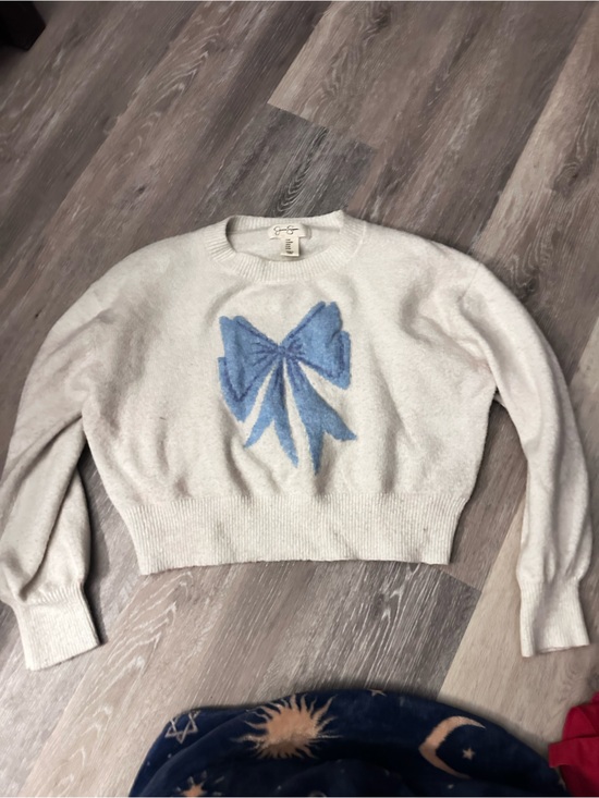 Jessica Simpson Sweaters - Jessica Simpson Cream Crewneck Sweater with Blue Bow Graphic
